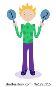 Little boy holding educational signs with numbers. Boy is a first grader. The boy hold up the numbers. Vector illustration