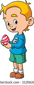 The little boy is holding the egg for the easter celebration of illustration