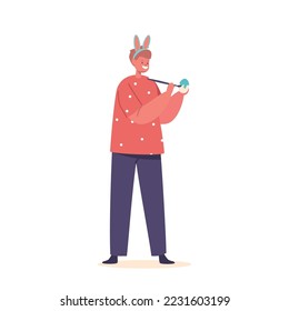 Little Boy Holding Egg Painting it with Brush and Paints for Easter Holiday. Cute Baby Wear Rabbit Ears on Head Prepare for Event Isolated on White Background. Cartoon People Vector Illustration