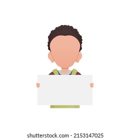 Little boy holding an empty banner in his hands. Isolated. Cartoon style. Vector illustration