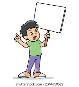 Little boy holding empty protest poster. Cartoon