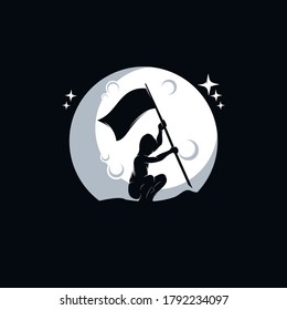 a little boy holding a flag on the moon