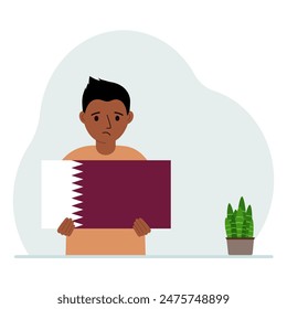 A little boy is holding the flag of Qatar in his hands. The concept of demonstration, national holiday or patriotism. Nationality. Vector flat illustration