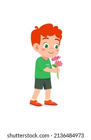 Little Boy Holding Flower And Sniff The Scent