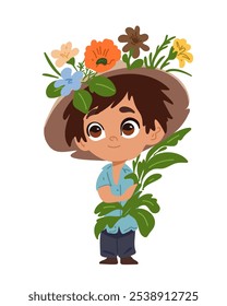 Little boy holding flowers and wearing a hat, gentle and playful look, cartoon illustration