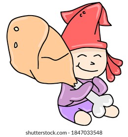 a little boy holding a giant fried chicken. cartoon illustration sticker mascot emoticon