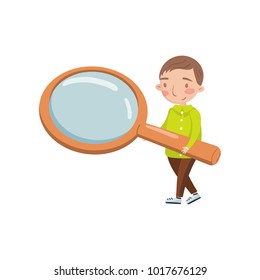 Little boy holding giant magnifying glass, preschool activities and early childhood education cartoon vector Illustration