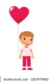 Little boy holding heart shaped balloon flat vector illustration. Valentines Day celebration. Smiling kid character with present. February 14 holiday isolated design element