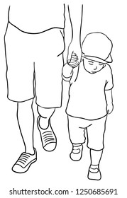 The little boy is holding his father's hand  while walking and looking down. 