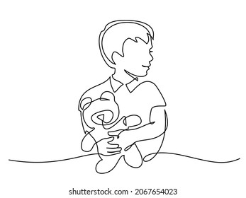 Little boy holding hug doll bear Teddy. Continuous one line drawing. Vector illustration