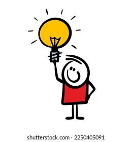 A little boy is holding a huge electric light bulb in his hand. Vector illustration of a brilliant idea.