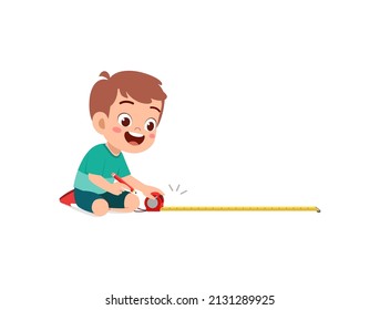 Little Boy Holding Measure Tape And Check Length