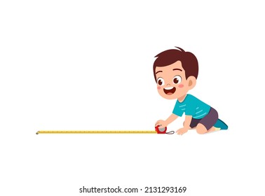 Little Boy Holding Measure Tape And Check Length