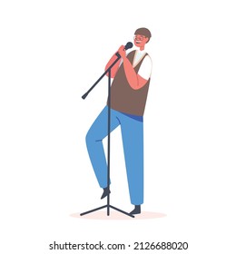 Little Boy Holding Microphone Sing on Stage, Baby Singing Song. Little Vocalist Male Character Entertaining on Talent Show, Singer Recreation, Hobby, Joy. Cartoon People Vector Illustration