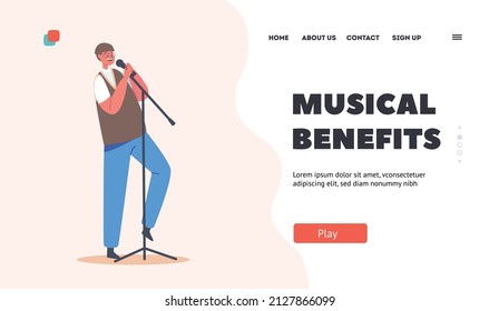 Little Boy Holding Microphone Sing on Stage Landing Page Template. Little Vocalist Male Character Entertaining on Talent Show, Singer Recreation, Hobby, Joy. Cartoon People Vector Illustration