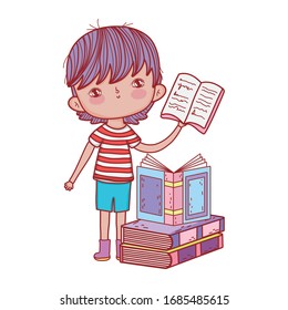 little boy holding open book stacked books isolated design vector illustration