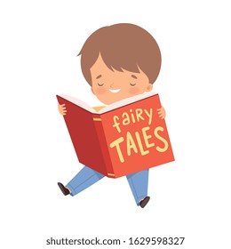 Little Boy Holding Opened Book Reading Fairy Tale Vector Illustration