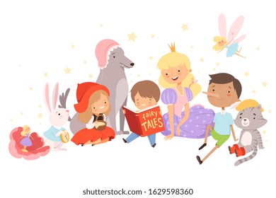 Little Boy Holding Opened Book Reading Fairy Tale with Fairy-tale Characters Sitting Behind Him Vector Illustration