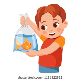 little boy holding a package with a goldfish. Cartoon vector illustration