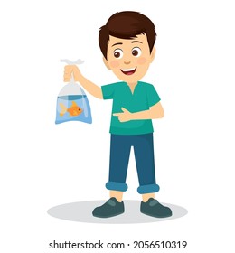 little boy holding a package with a goldfish gift and pointing it. Cartoon vector illustration