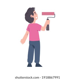 Little Boy Holding Paint Roller and Coloring Wall Vector Illustration