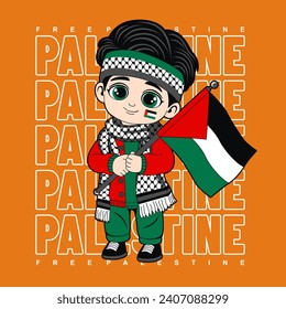 little boy holding Palestinian flag, cartoon vector illustration