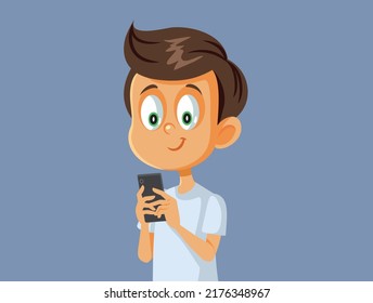 
Little Boy Holding a Phone Vector Cartoon Illustration. Happy child using his cellphone playing games online
