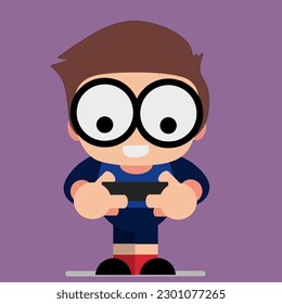 Little Boy Holding a Phone Vector Cartoon Illustration. Happy child using his cellphone playing games online