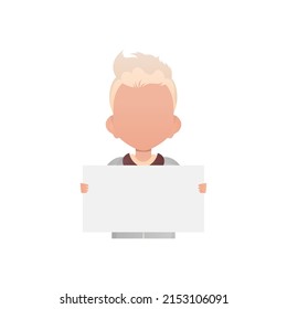 Little boy holding a poster. Isolated. Cartoon style. Vector illustration