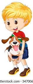 Little boy holding a puppy dog illustration