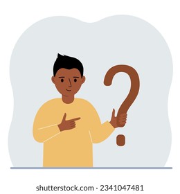 Little boy holding a question mark symbol. Ask questions and look for answers. FAQ or frequently asked questions concept, online support center. Vector flat illustration.
