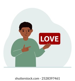 Little boy is holding a red banner with love text. The concept of valentine's day, holiday, psychological help. Vector flat illustration
