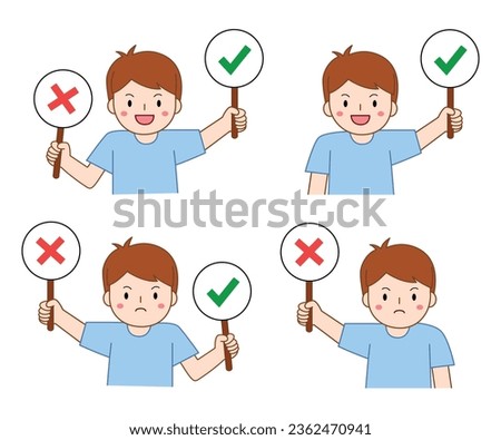 little boy holding right or wrong sign. true or false concept illustration