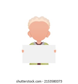 Little boy holding a sign in his hands. Isolated. Cartoon style. Vector illustration