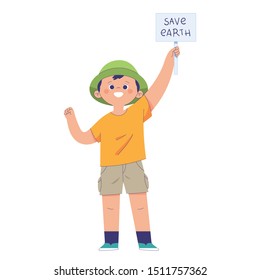 a little boy holding a small sign that says save earth, a boy campaigning to protect the earth, a happy kid raises his hand to raise the board