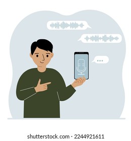 Niñito con smartphone usando aplicación de asistente de voz. Concepto de reconocimiento de voz. Aplicaciones para altavoces inteligentes, controlador de oficina, llamadas telefónicas manos libres, software de comando de voz. Ilustración plana vectorial