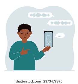 Little boy holding smartphone using voice assistant app. Voice recognition concept. Smart speaker applications, office controller, hands-free phone calls, voice command software.