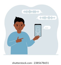 Little boy holding smartphone using voice assistant app. Voice recognition concept. Smart speaker applications, office controller, hands-free phone calls, voice command software.