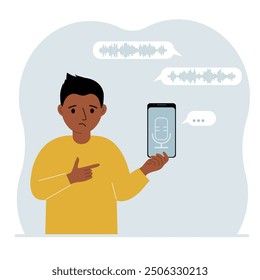 Little boy holding smartphone using voice assistant app. Voice recognition concept. Smart speaker applications, office controller, hands-free phone calls, voice command software. Vector flat illustrat