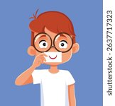 
Little Boy Holding a Smile Drawn on a Card Vector Illustration. Child feeling depressed trying to hide her true feelings of anxiety
