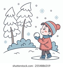 A little boy holding a snowball in a snowy park, cute boy playing in the snow for the cover of a children's book or winter event