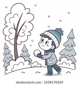 A little boy holding a snowball in a snowy park, cute boy playing in the snow for the cover of a children's book or winter event