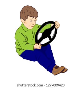 Little boy holding steering wheel - vector clipart. The child is played in the driver, dreaming to drive a car