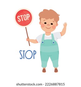 Little Boy Holding Stop Sign on Pole Demonstrating Vocabulary and Verb Studying Vector Illustration