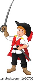little boy holding sword on a white background