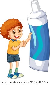 A little boy holding toothpaste on white background illustration