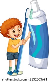 A little boy holding toothpaste and toothbrush on white background illustration