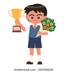 Little boy holding trophy cartoon vector