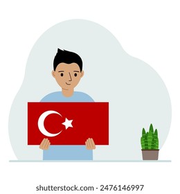 A little boy is holding a Turkish flag in his hands. Concept for demonstration, national holiday, Turkey day or patriotism. Nationality. Vector flat illustration