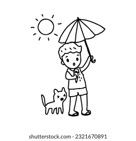 Niño pequeño sosteniendo paraguas y perro se siente tan sediento debido al calor de la temporada de verano, contorno estilo dibujo vector
